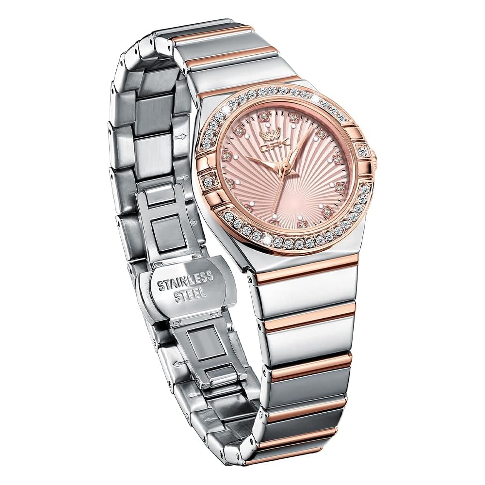 OPK Women s Quartz Watch Stainless Steel Band 30M Waterproof Diamond Dial Lightweight Luminous Business Watch Gold & Pink