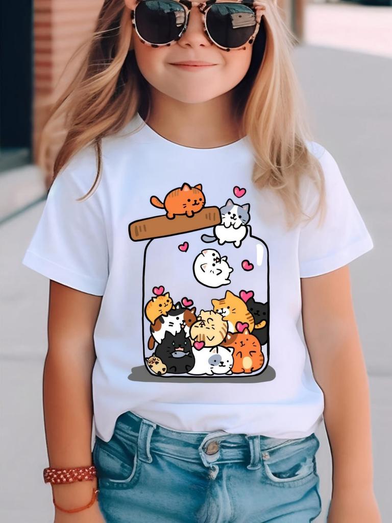2025 Kids Clothes Summer T-Shirt Cat 3D Printing Tops Casual Short Sleeve Tee Fashion Girl T-Shirts Crew Neck Children's T-Shirt