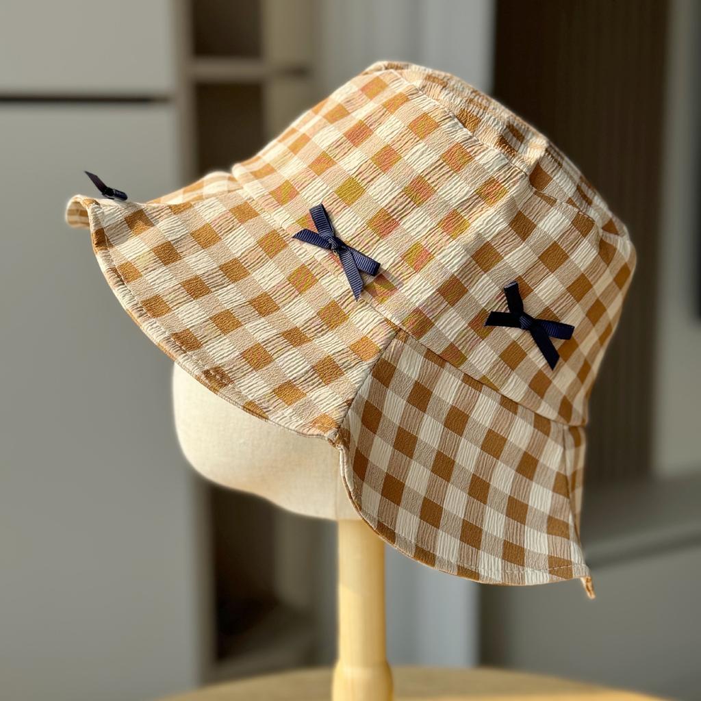 Women's Spring Summer Simple Plaid Bucket Hat Korean Version Fashionable Versatile Sunshade Sunscreen Sweet Bow Basin Hat