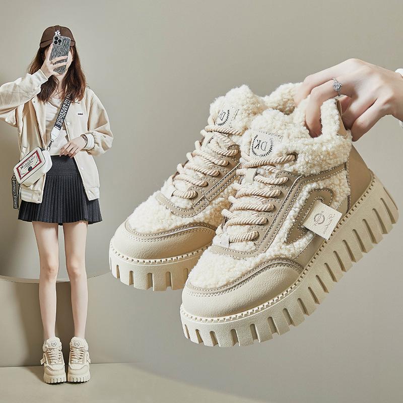 Winter Chunky Platform Snow Boots for Women Anti-Slip Walking Shoes With Fur Lined Comfort Lace-up Sneakers Women's Outdoor Warm Fleece Short Booties