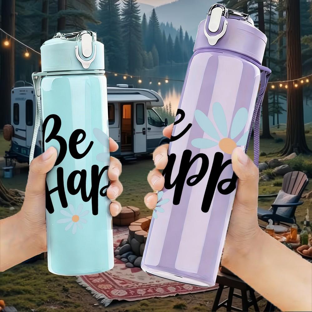 1PC Be Happy Daisy Letter Print 750ml Color Plastic Sports Water Bottle Leakproof Flip Straw Lid Suitable for Sports Office Home Use