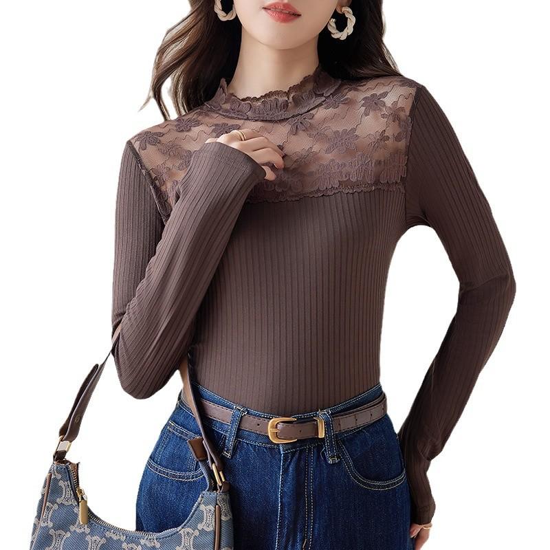 Black Bottoming Shirt Women's New High-end Splicing Top, Semi-turtleneck T-shirt In Autumn and Winter