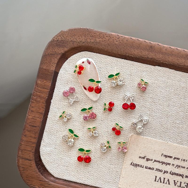 10 Pcs Cherry Nail Rhinestone 3D Cherry Charm Red Fruit Diamond Crystal Jewelry Y2K Alloy Nail Gems For Women Manicure