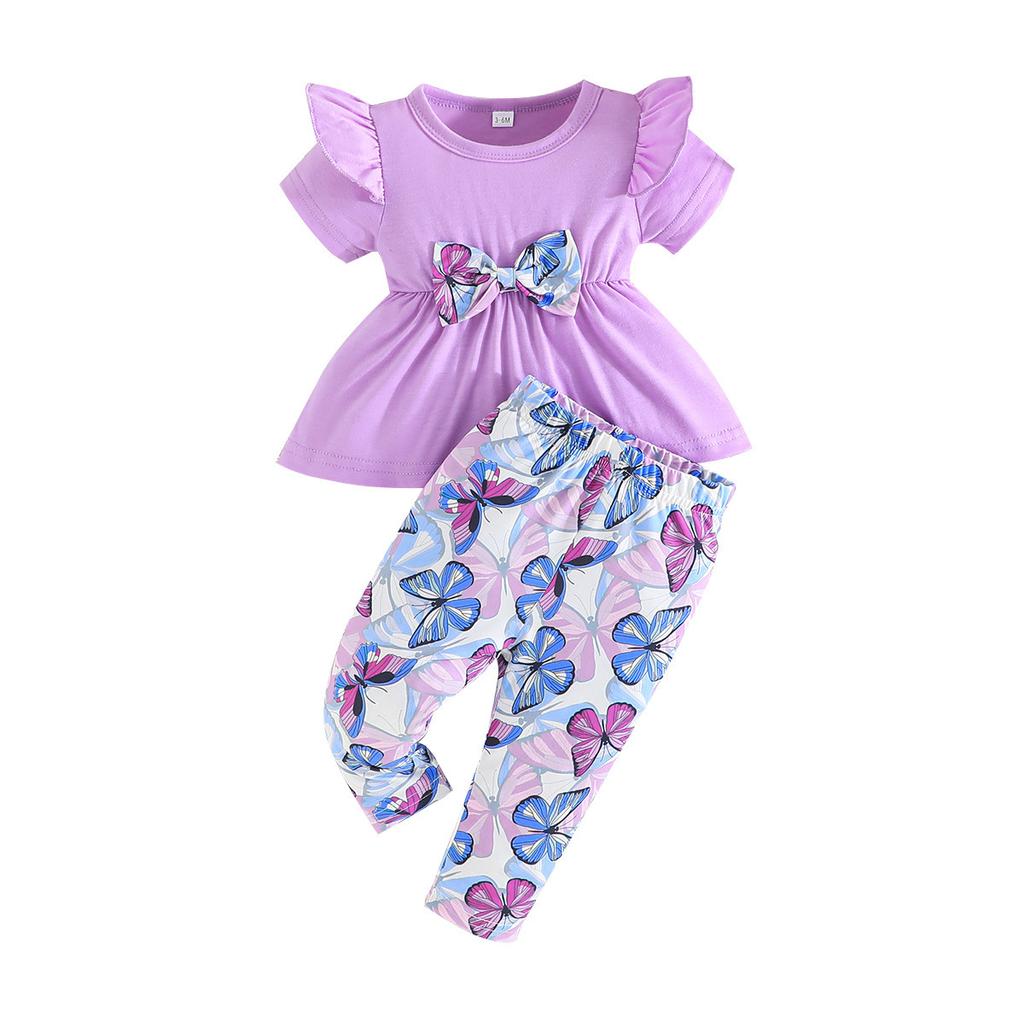 New Summer Baby Girl Flying Sleeve Solid Color Top + Butterfly Print Long Pants Two-Piece Set