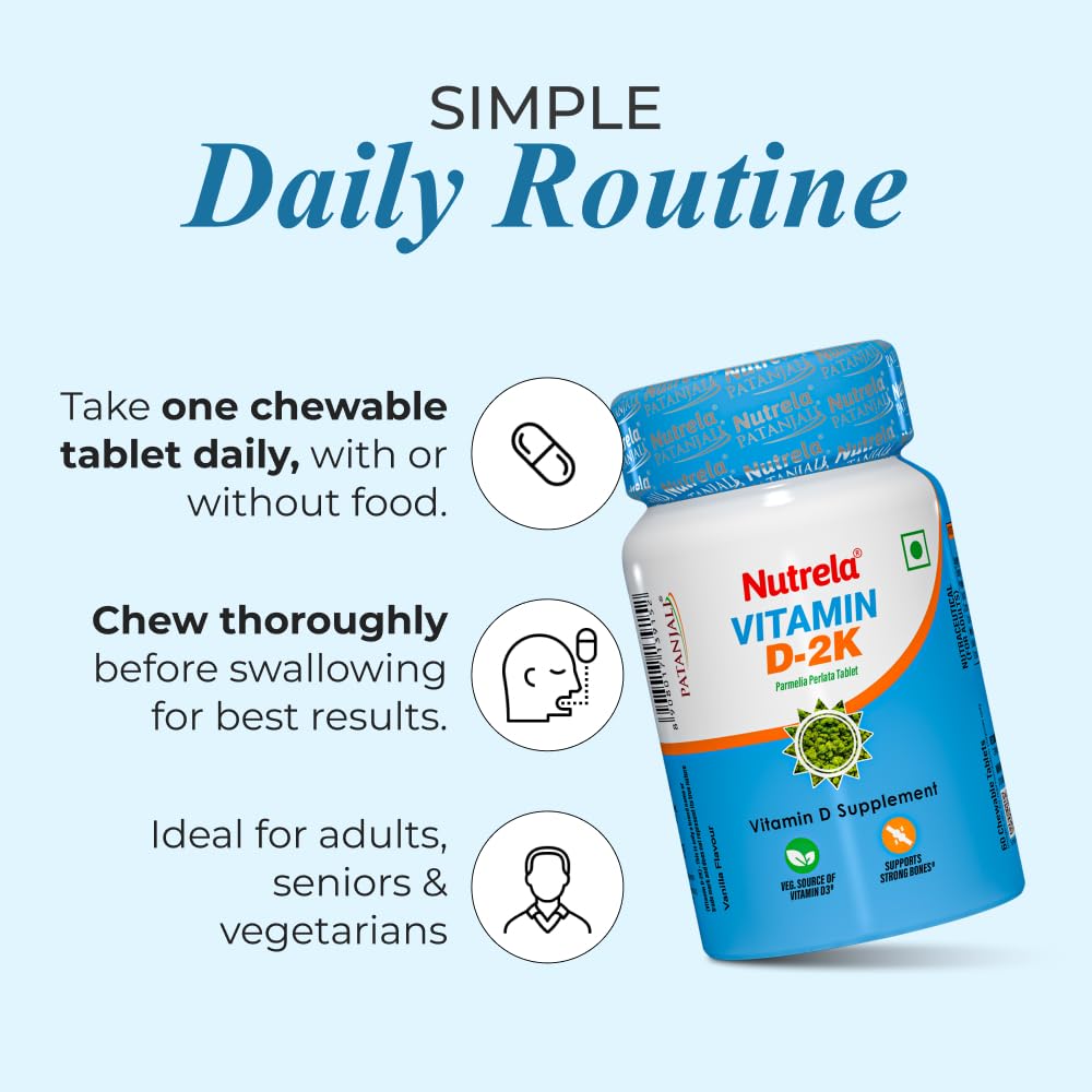 Nutrela VIT D2K Chewable Tablets 60 Pack Plant-Based Vitamin D3 for Strong Bones & Wellbeing