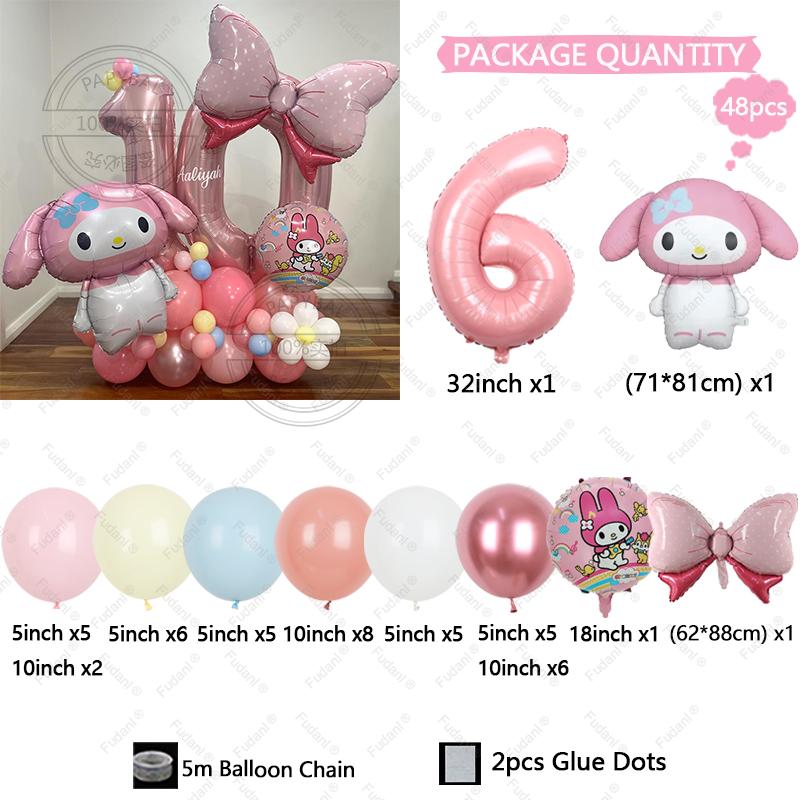 48pcs Cartoon Cute My Melody Bow Theme Foil Balloon 32 Inch Pink Number Set Children's 1-9th Birthday Party Decorative Toys