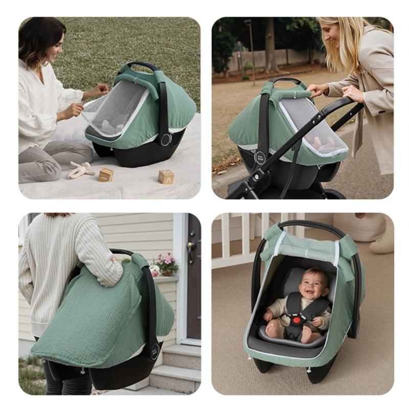 Infant Car Seat Cover Solid Color Canopy 360 Degree Protections Double Layer Window Design for Outdoor Comfort