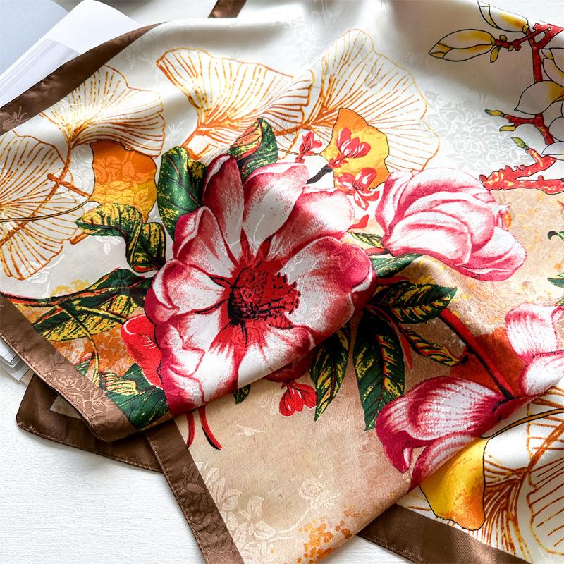 Luxury Flower Silk Satin Scarf Women's Square Scarf 90cm Scarves Headscarf Travel Sun Protection Shawl Hijab Neck