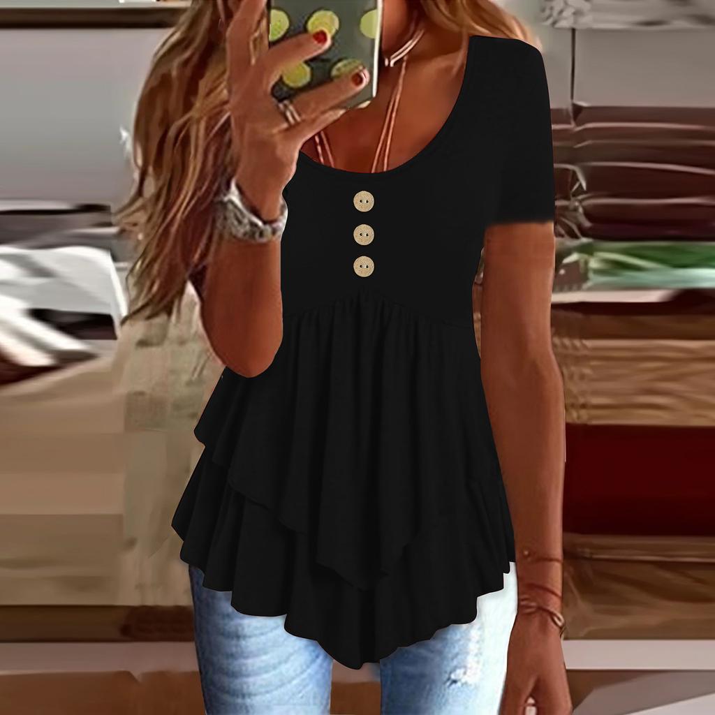 Women's Fashion Loose Three Button Casual Solid Colour Short Sleeve T-Shirt Top