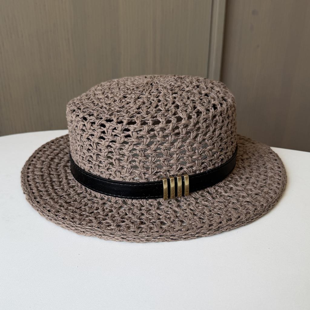 New Flat Top Jazz Top Hat Retro Old Money Wind Belt Buckle Straw Hat Women's Summer Seaside Vacation Sun Hat