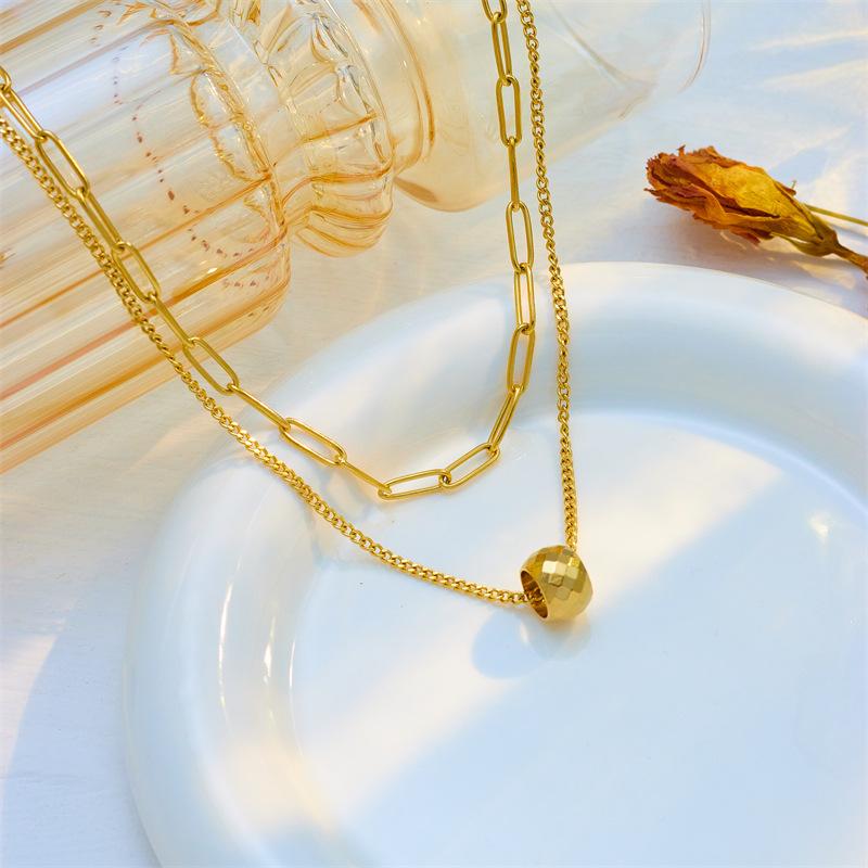 18K Gold Plated Layered Chain Necklace, Dainty Paperclip Chain with Bead Pendant Double Layer Choker for Women, Trendy Jewelry