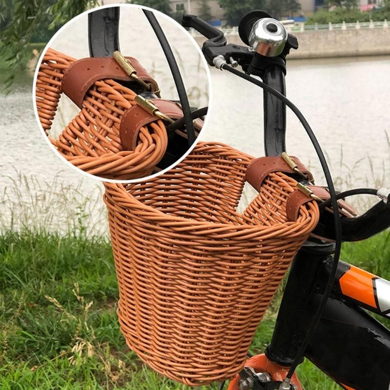 Dětský Ručně Tkaný Cyklistický Koš na Řídítka Kolo Nákladní Koš Pro Dívku s Koženými Pásky, Odnímatelný