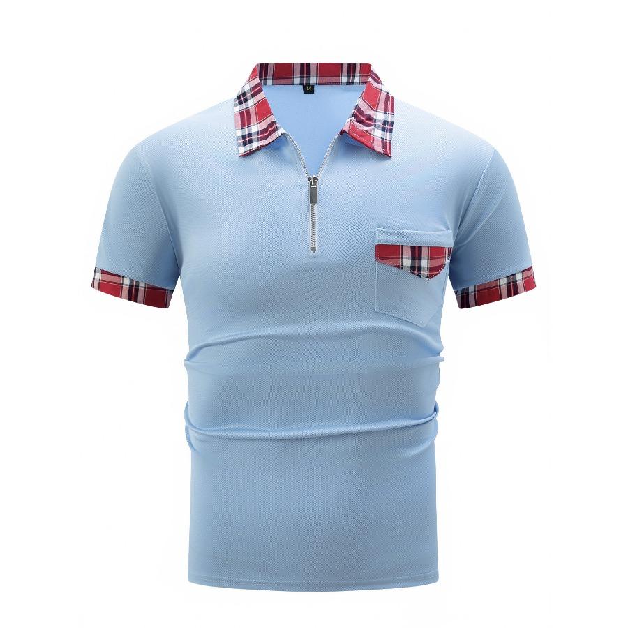 חולצת פולו משובצת קיץ גברים לבן שחור אפור כחול כיסים עם רוכסן לחולצות פולו ספורט שרוול קצר לגברים