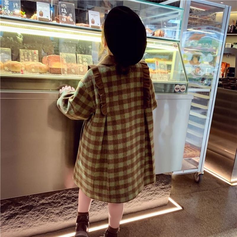 Girls' Vintage Woolen Coat, Autumn and Winter Children's Loose Checkered Princess Cotton-padded Woolen Overcoat