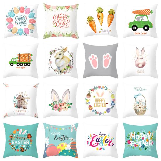 Throw Pillow Case Rabbits Colorful Eggs Carrots Home Decoration Polyester Peach Skin Easter Party Pillow Cover for Indoor