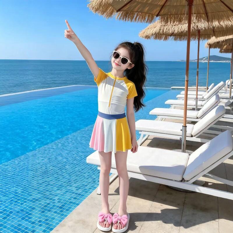 Girls Block One Piece Swimsuit Dress Middle Child Spring Beach Vacation Swimming Suit Set