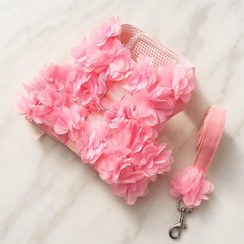 Adjustable Pet Harness With Leash Small Dogs Cats Teddy Bichon Fashion Floral Trim