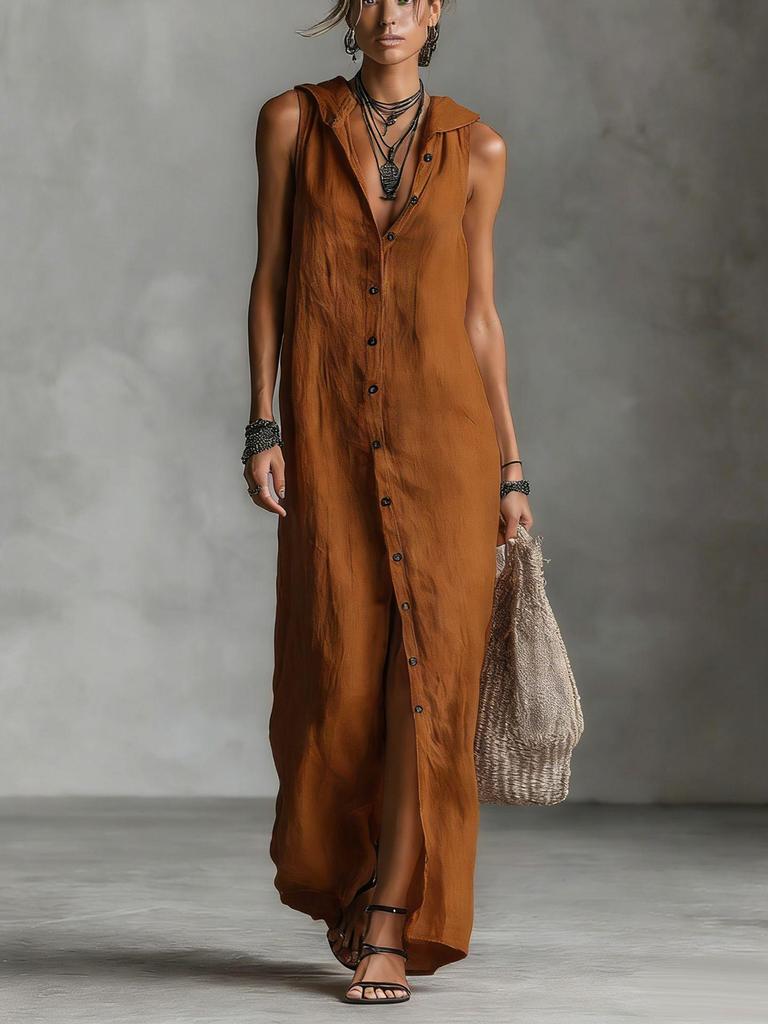2026 Summer European & American Buckle-Up Sleeveless Hooded Long Dress for Women