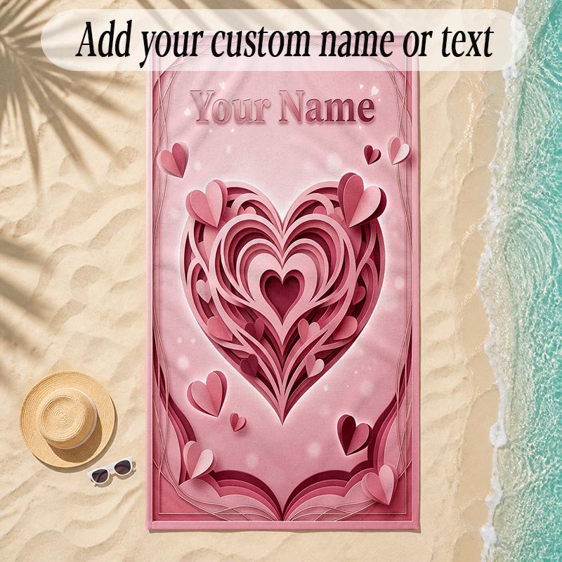 Hearts Theme Soft Beach Towel Personalized Custom Name Text Towel Portable for Beach Pool Travel