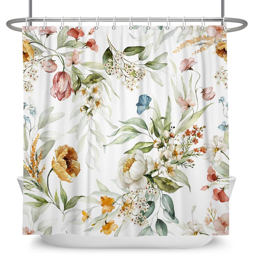 Watercolor Floral Shower Curtain Waterproof Easy To Clean Privacy Protection Print Botanical Design Elegant Bathroom Decor
