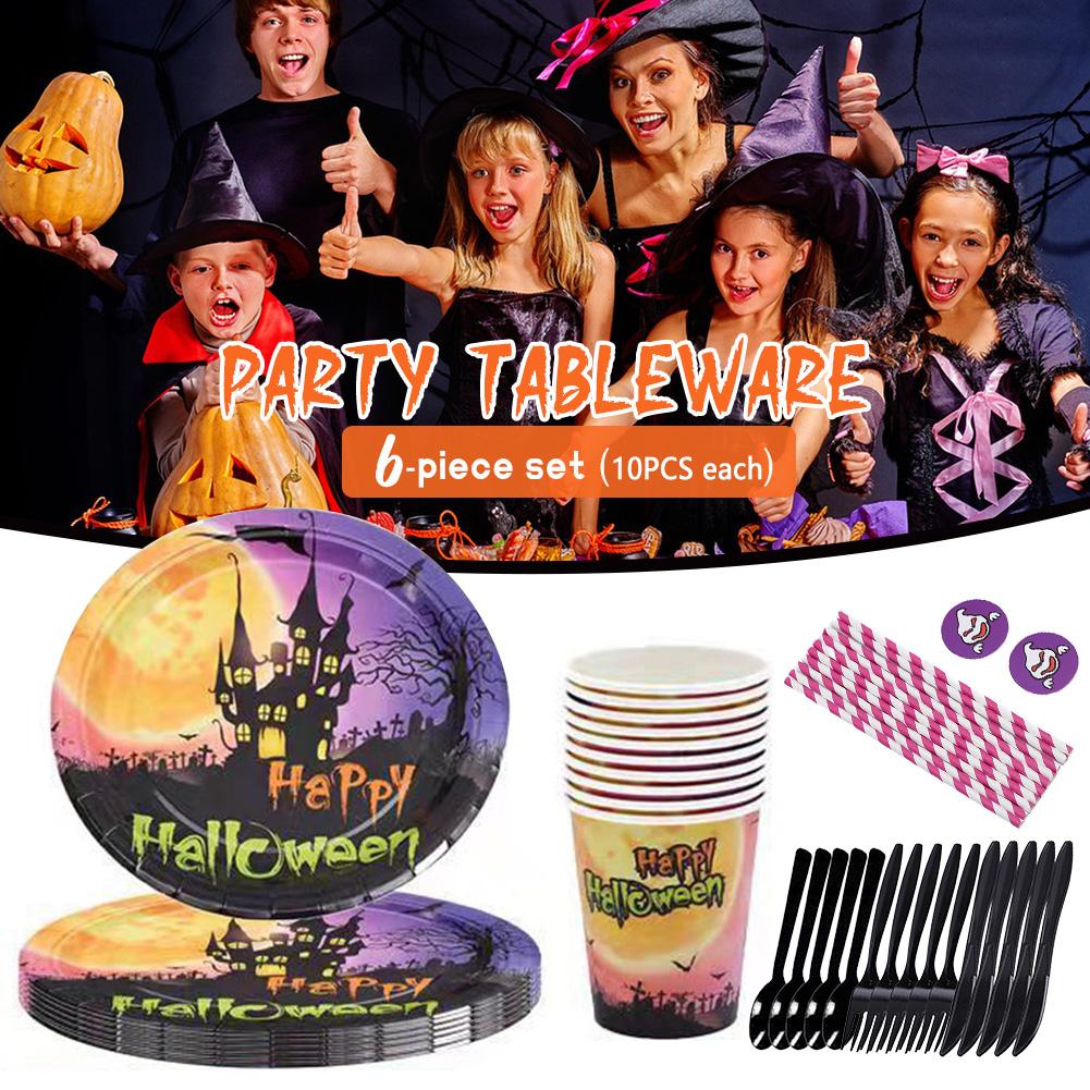 Purple Halloween Disposable Paper Plates Set Paper Cups Plates Party Supplies For Halloween Party