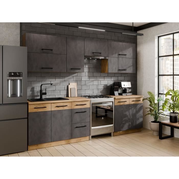 Cuisine complète ROCK 7 éléments - Décor chêne lancelot et gris matera - L260 x P 52 x H82 cm - Plan de travail non inclus