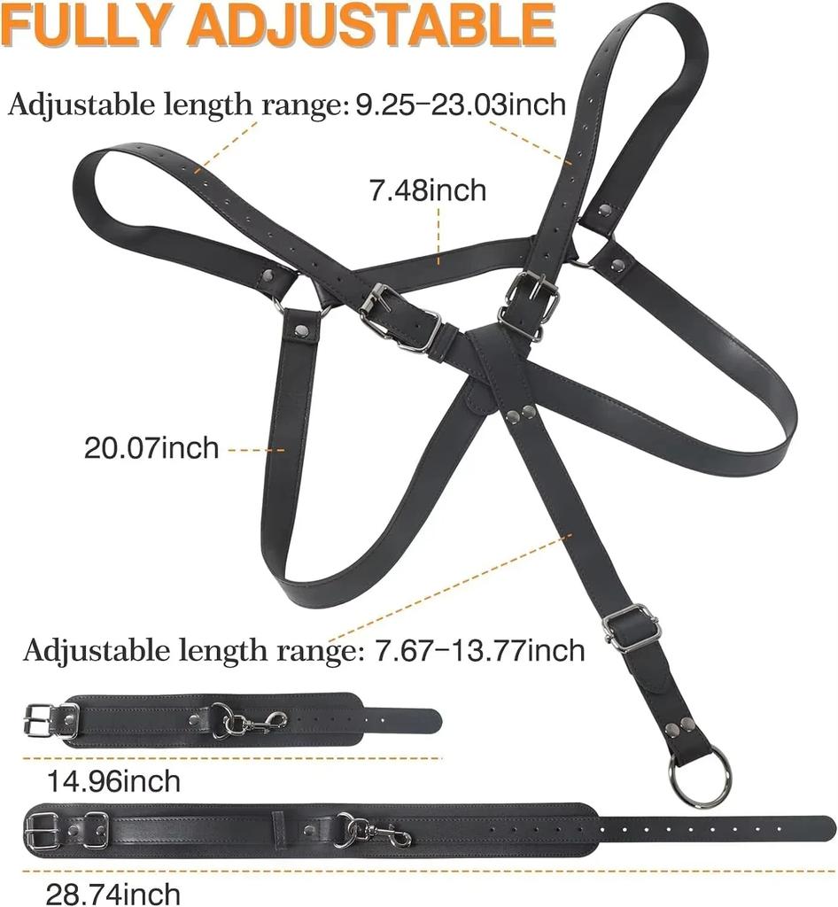 NEW  Sex Bondage Restraints Kit 3 in 1 Leather Thigh Sling Breasts Belt Behind Back Handcuffs Open Legs SM Slave Fetish