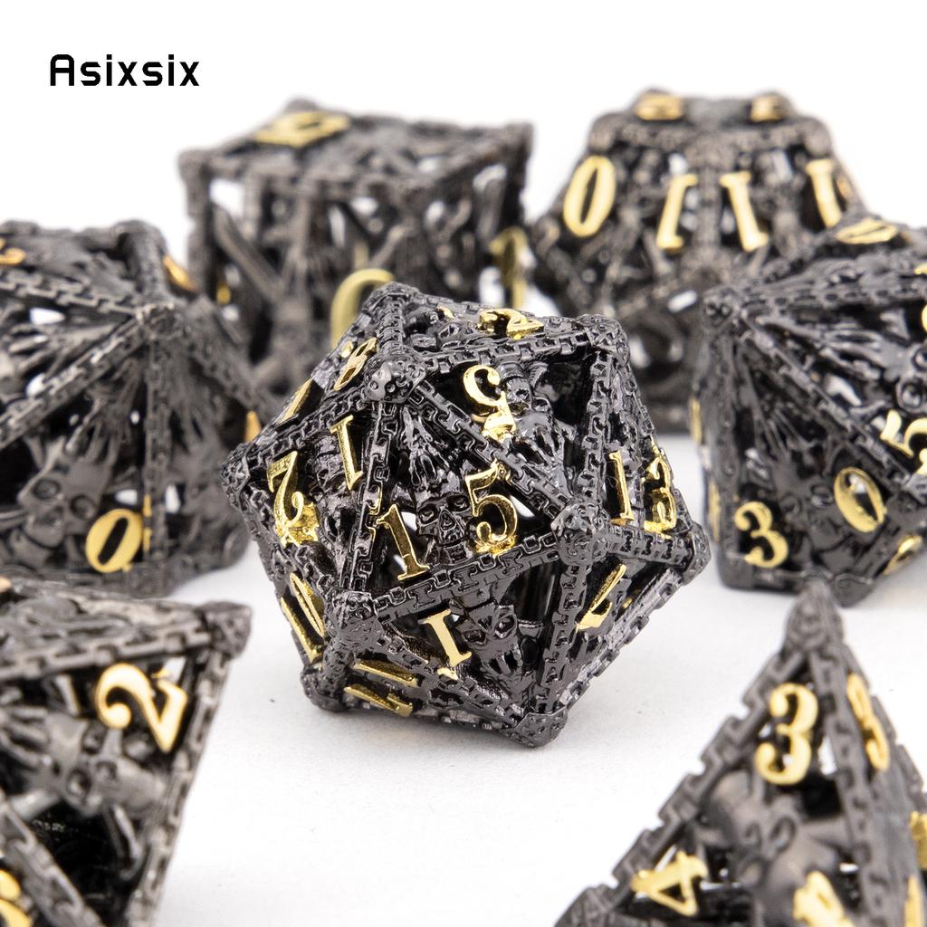 7 Pcs Black Golden Hand Skull Head Metal Dice Hollow Polyhedral Dice Set Suitable for Role-Playing RPG  Board Game Card Game