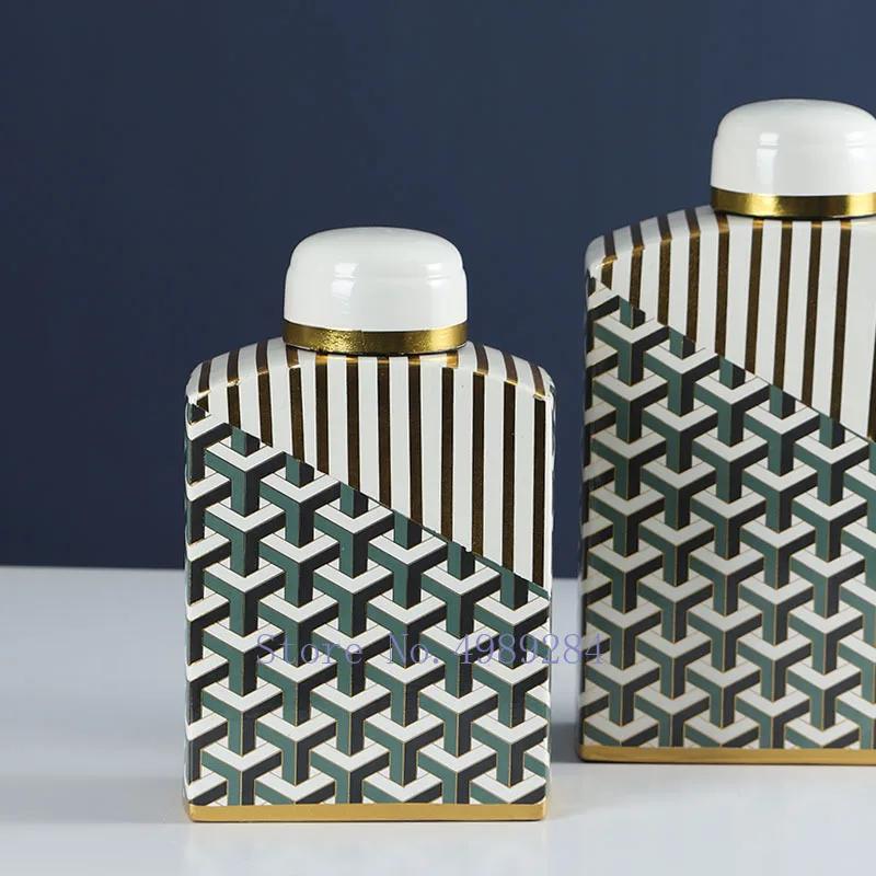 Tarro Cuadrado de Cerámica con Tapa Jarrón Geometría Artesanía Mobiliario Dorado Retro Tarro Decorativo de Cerámica Decoración del Hogar Jarrones