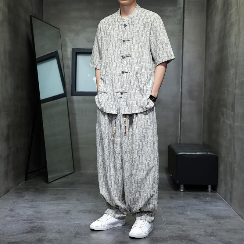 Mens Chinese Style Jacquard Tang Suit 2-Piece Set
