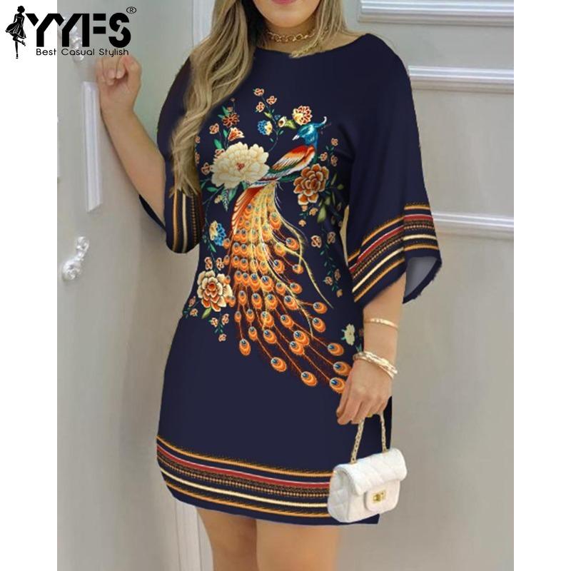 

YYFS Women s Fashion Summer Spring Flower Pattern Print 3/4 Sleeves O-Neck Loose Waistline Casual Dresses XXXL
