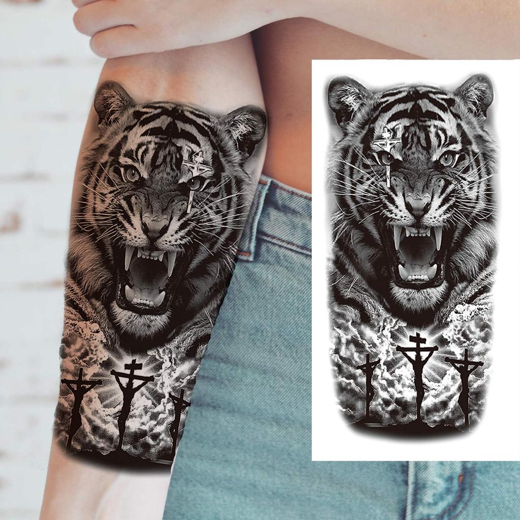 1 Sheet Wolf Lion Tiger Fake Temporary Tattoos For Man Women Adults Skull Black Warrior Tattoo Sticker Animals Sleeve