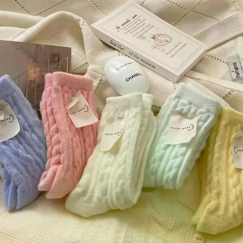 Winter warm wool socks plus fleece thickened plush sleeping socks Candy colored knitted striped women socks cute fashion socks
