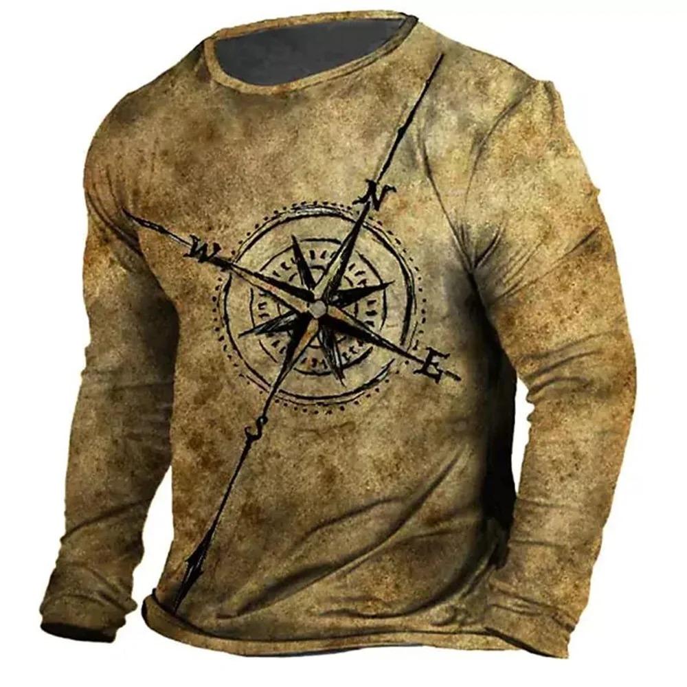 Retro Style 3D Guide Printed Men's Casual Round Neck Long Sleeved T-shirt