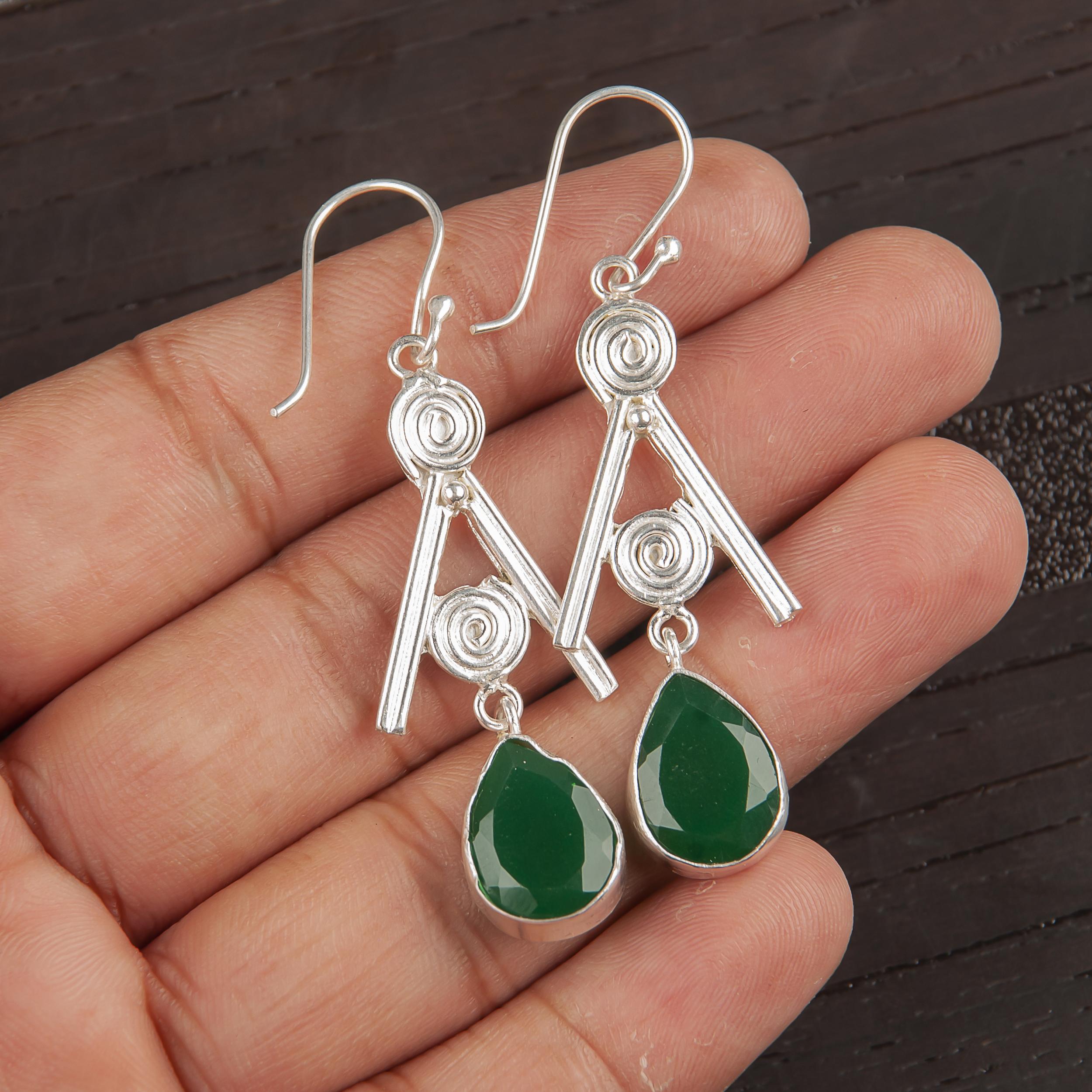 

Green Onyx Gemstone Jewelry, 925 Solid Sterling Silver Earrings, Handmade Attractive Earrings For Wedding Gift 2.4 Inches зелений