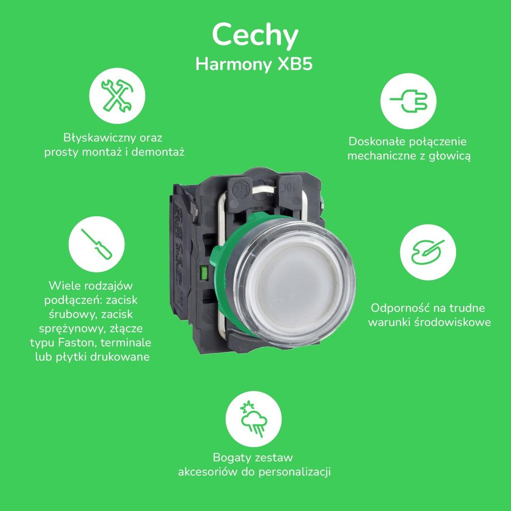 Flat Pushbutton Head with Automatic Return, LED, Green Plastic