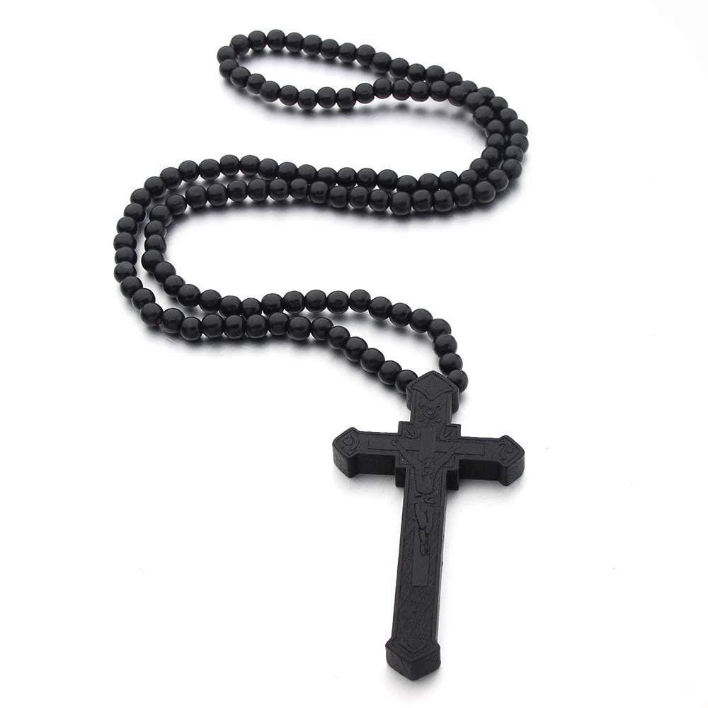 Wood Handmade Rosary Necklace Religious Crucifix Pendant Chain Wood Beads Necklace  Women