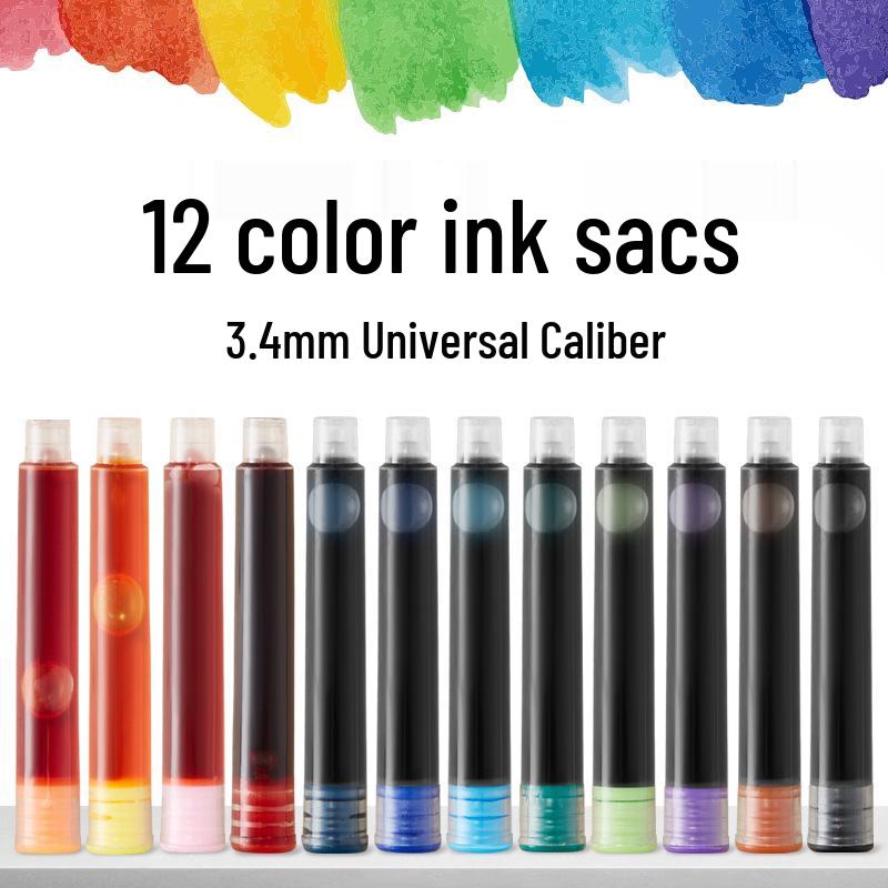 12 Color Universal Fountain Pen Ink Cartridges, Non-Carbon, 3.4 Caliber, Replaceable for Students