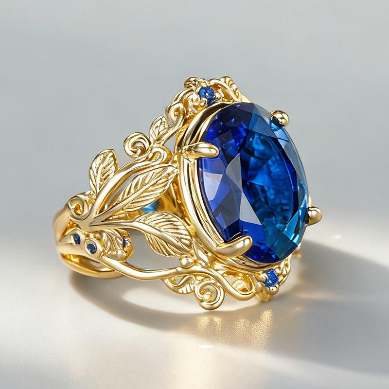 Huitan Luxury Gold Color Women Ring Inlaid Shining Blue Oval CZ Aesthetic Leaf Design Party Wedding Accessories Charming Jewelry