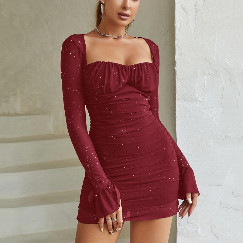 Mesh Jurk met Lange Mouwen, Sexy Doorzichtig Stalen Beugel Pailletten Vierkante Hals Halterjurk