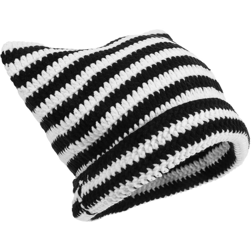 Warm Knit Beanie Cap Unisex Knitted Hat Cat Striped Knit Hat Comfortable Elastic