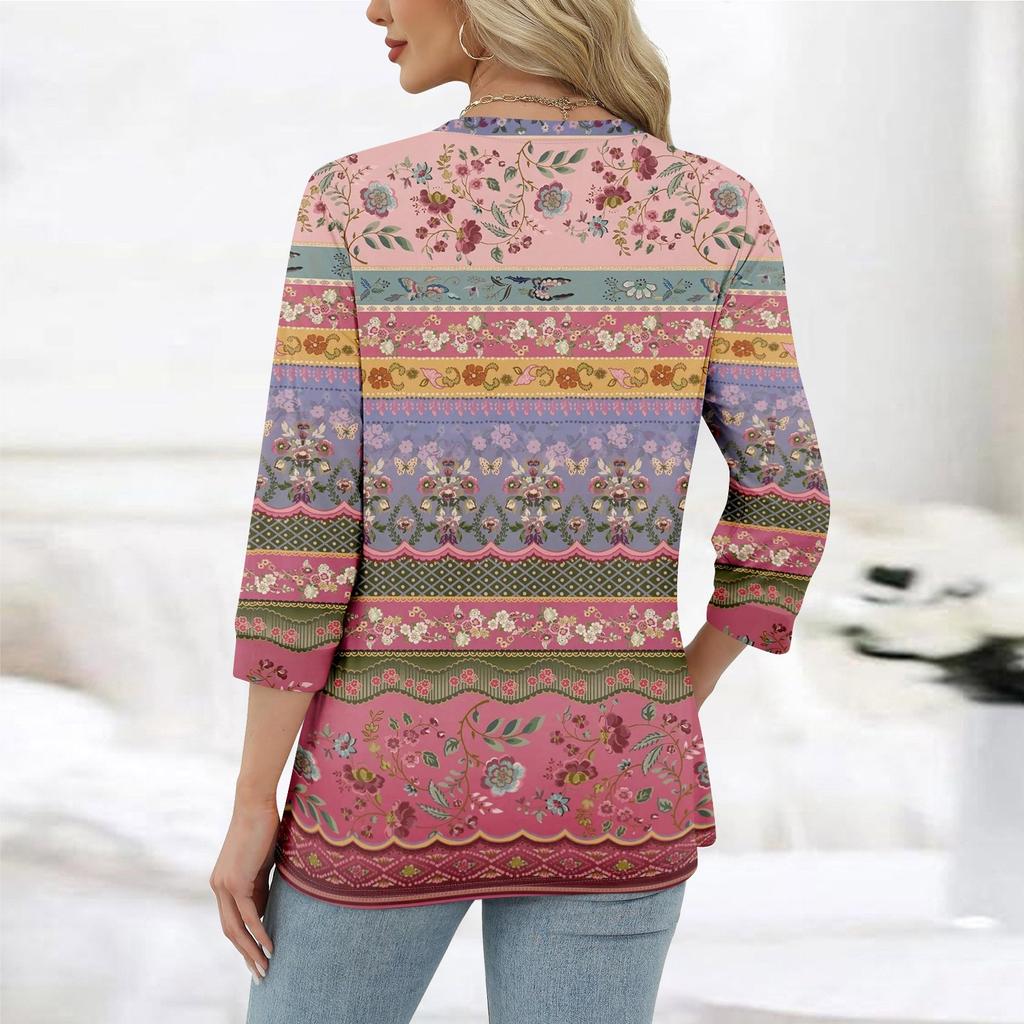 Damenmode, lässig, Rundhalsausschnitt, 3/4-Ärmel, lockeres bedrucktes T-Shirt, Damen-Top