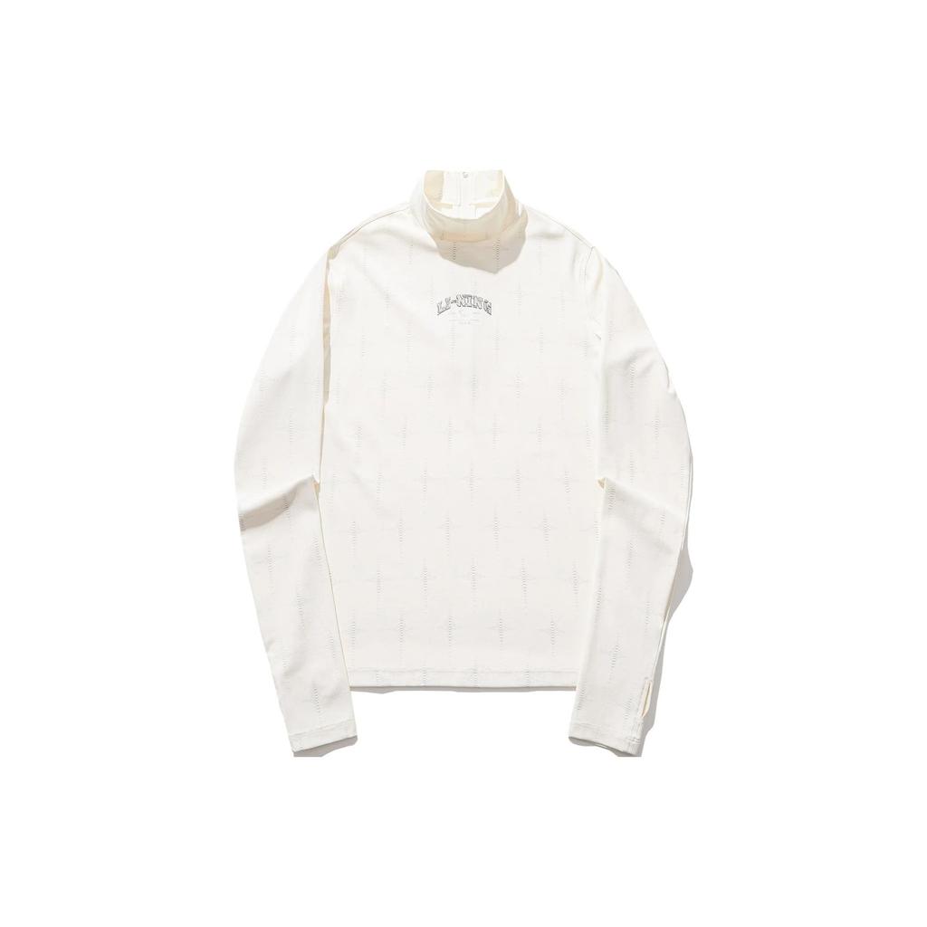 Li Ning Full Print Letter Stand Collar Pullover Tight Long Sleeve Drop Shoulder T-Shirt Women Tops Off-White AUDU022-1