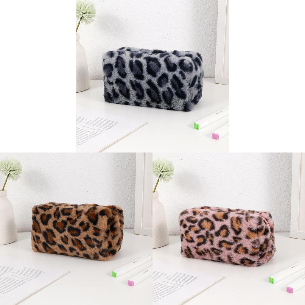 Plush Leopard Print Makeup Bag Large Capacity Travel Organizer For Women