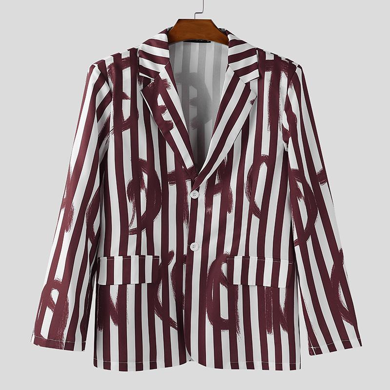 INCERUN Oversized Spring Men Lapel Neck Long Sleeve Striped Button Thin Blazer Coats