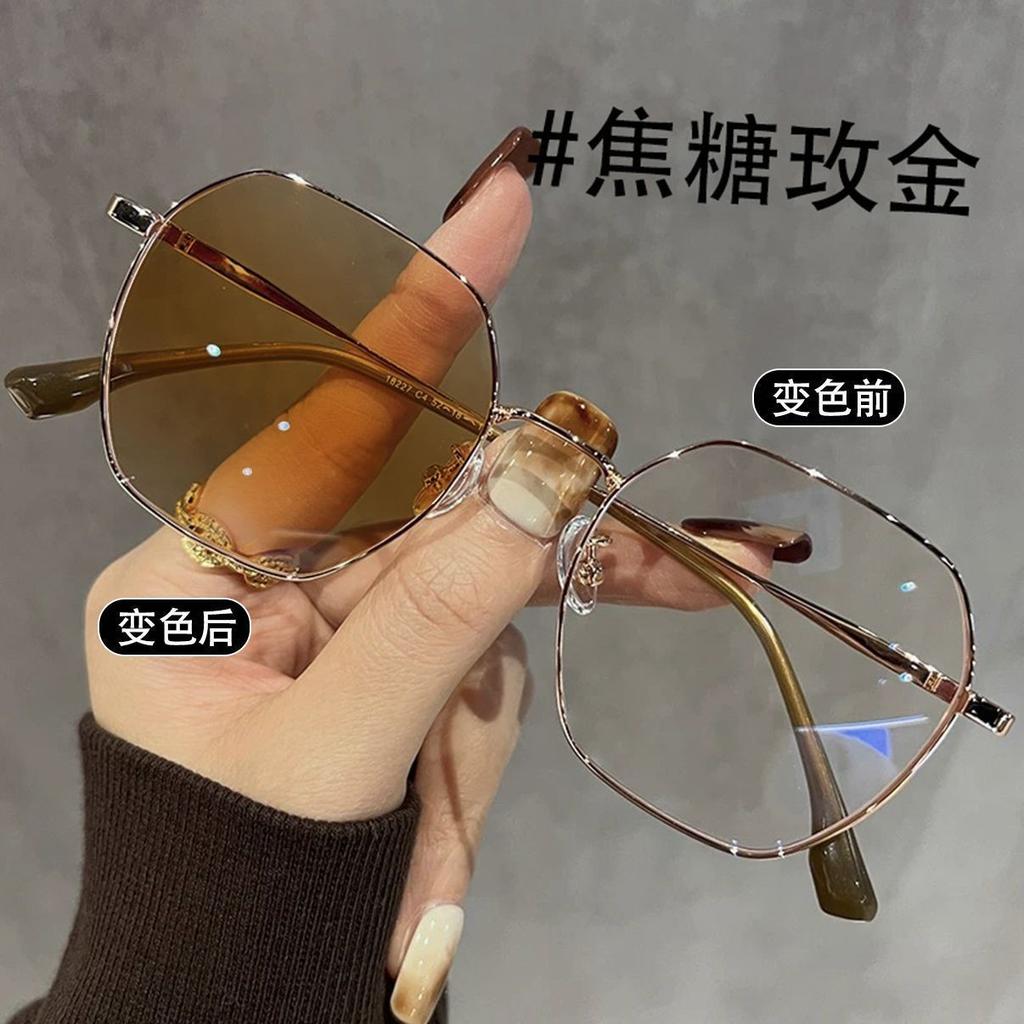 Gold wire thin frame color-changing myopia mirror atmosphere sweet wind ultra-light polygon advanced sense anti-blue light O