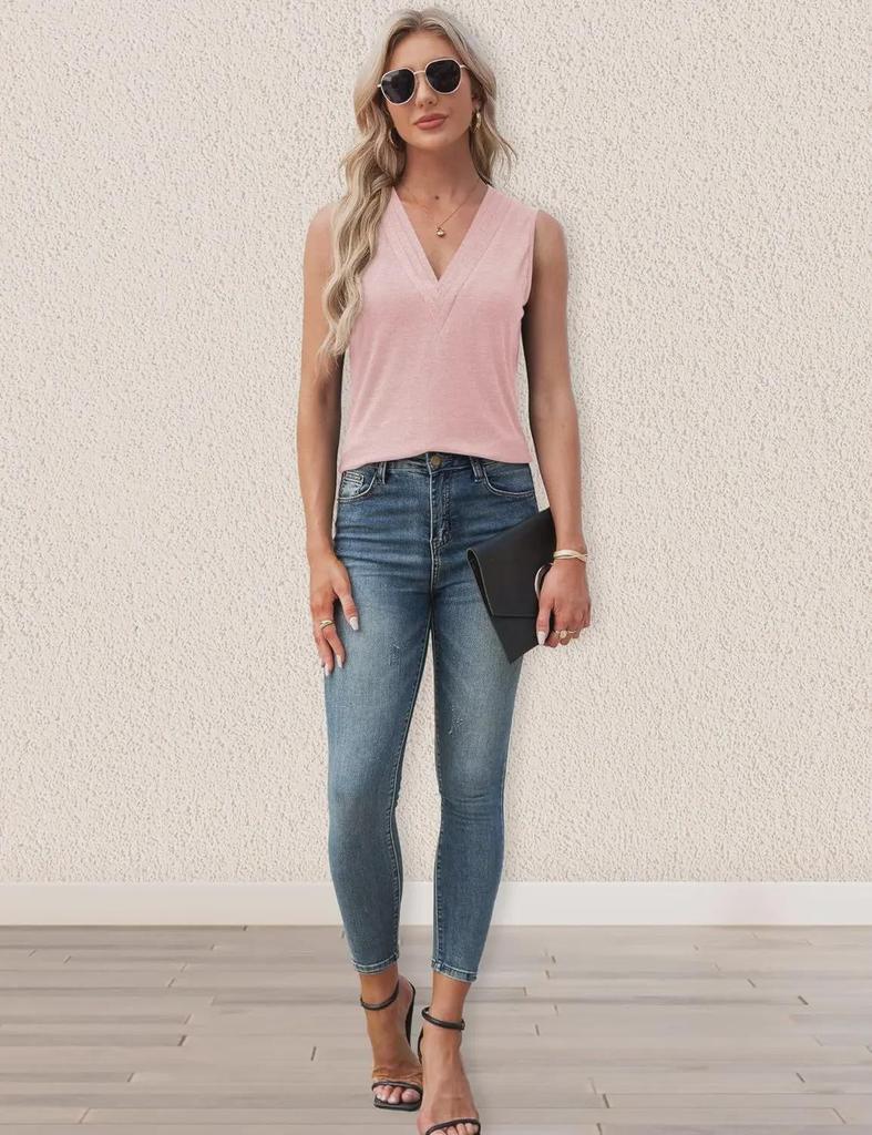 2024 Damen Einfarbig Ärmellos V-Ausschnitt T-Shirt - Europäischer & Amerikanischer Stil