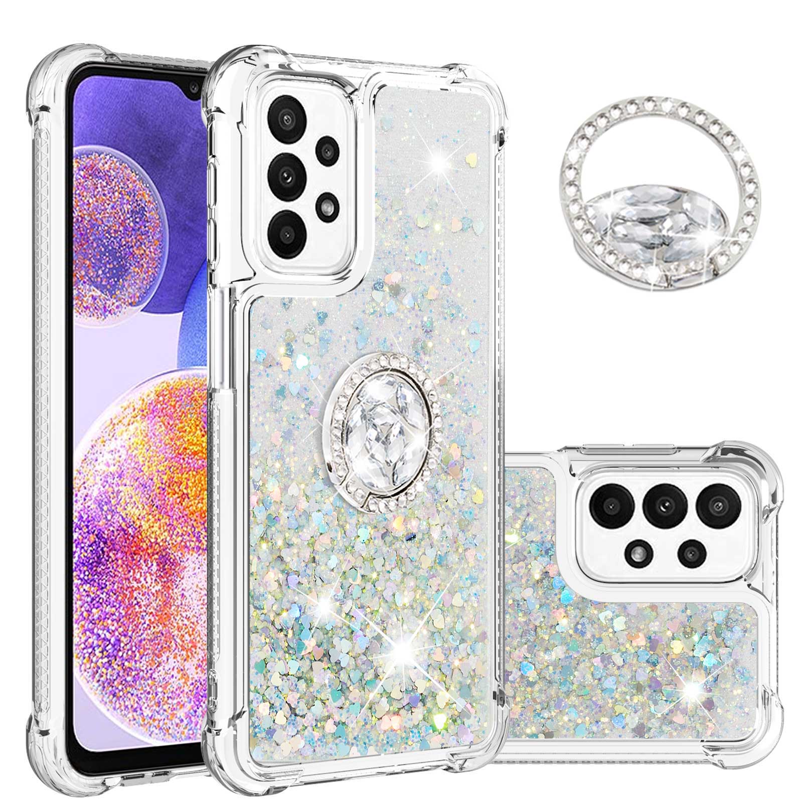 

For Samsung Galaxy A23 4G/5G (Global) TPU Case with Kickstand Quicksand Shockproof Cover Silver/Hearts