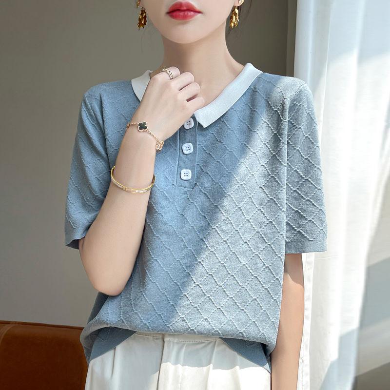 

Нова літня жіноча трикотажна футболка з льодовим шовком і коміром-поло з короткими рукавами, універсальний жіночий топ контрастного кольору XL