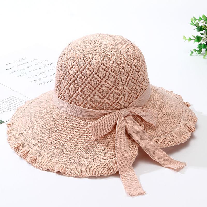 Women's Fringe Edge Crochet Sun Hat Wide Brim UV Protection Summer Hat with Bow Breathable Foldable Beach Hat